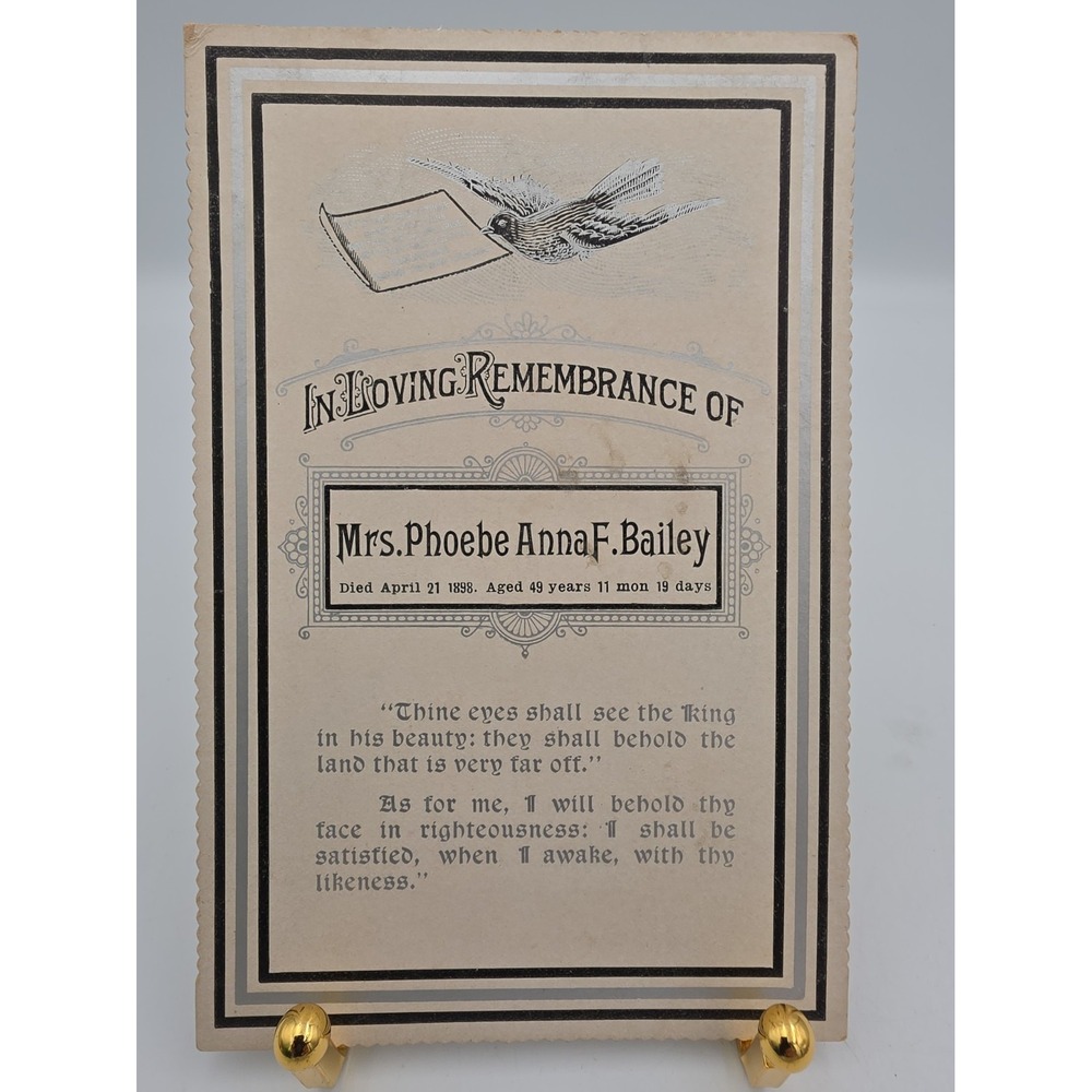 Antique Funeral Card Death Memorial In Loving Remembrance 1898 Mrs Phoebe Bailey